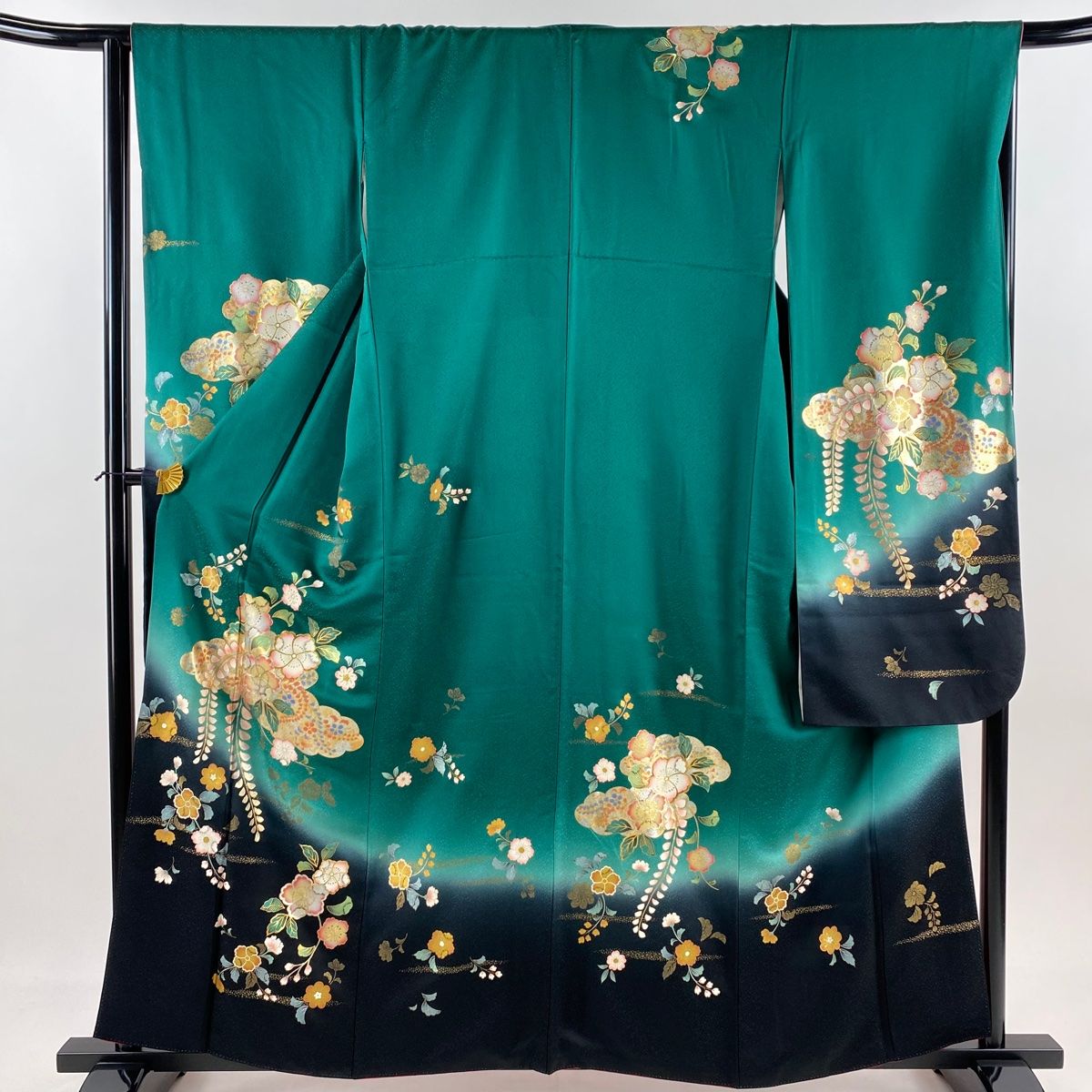 訪問着 身丈159cm 裄丈70cm L 袷 辻が花柄 金銀彩 染め分け 黄土色 正絹 名品 中古