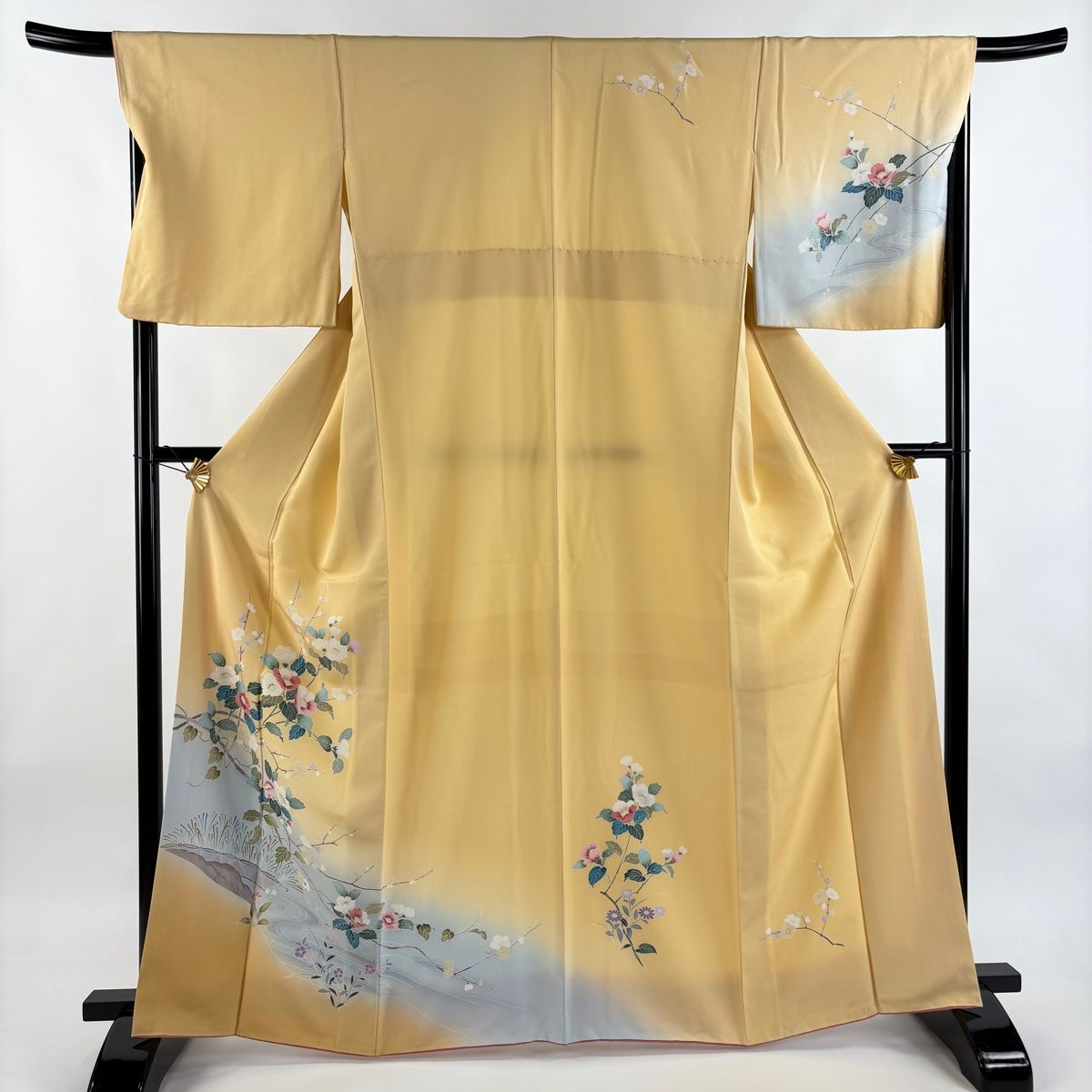 訪問着 身丈164.5cm 裄丈68cm L 袷 椿 枝梅 染め分け ぼかし 黄色 正絹 秀品