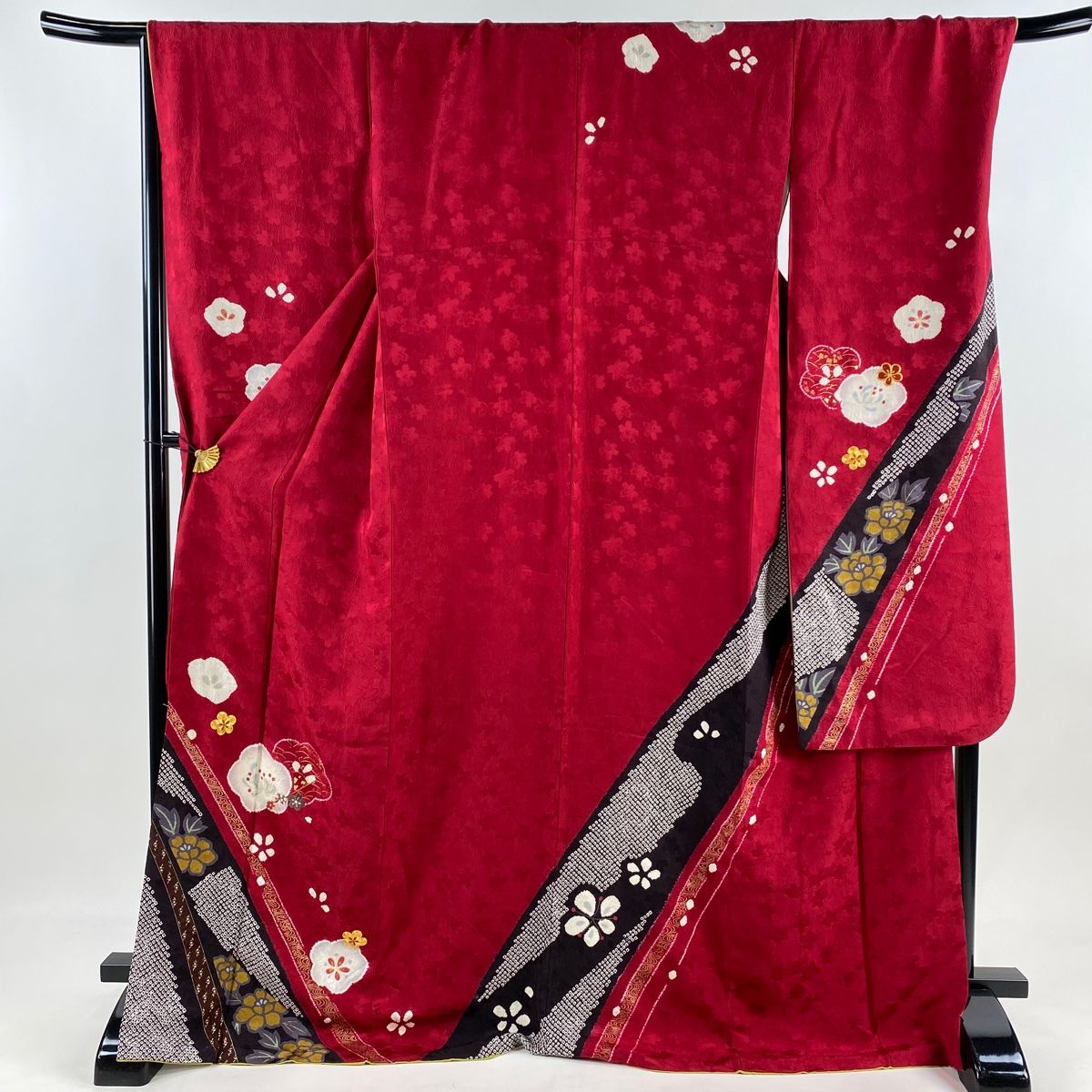 振袖 身丈173cm 裄丈70cm L 袷 梅 くし 刺繍 金彩 赤 正絹 秀品