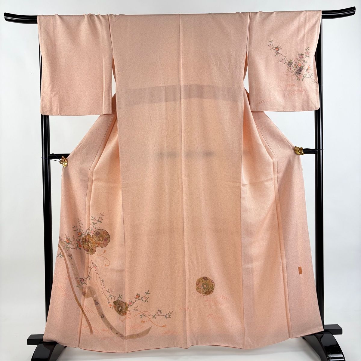 訪問着 身丈162cm 裄丈67cm M 袷 やまと 落款 鏡裏文 橘 金銀糸 雌雄 薄ピンク 正絹 秀品