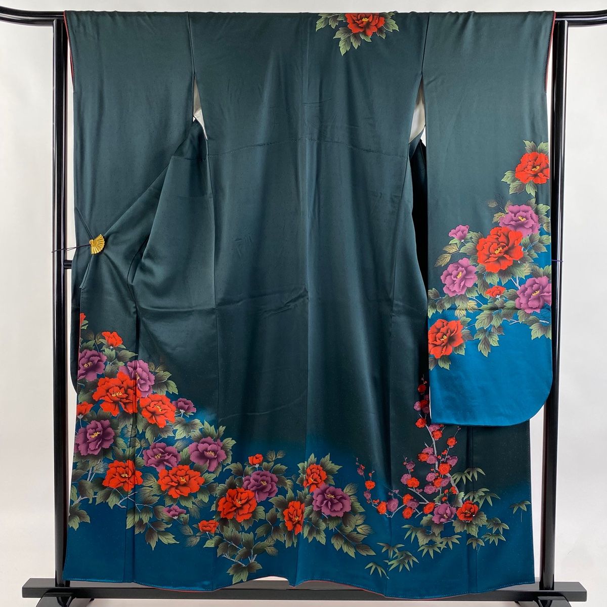 振袖 身丈157cm 裄丈64cm M 袷 牡丹 枝梅 金彩 ぼかし 深緑 正絹 秀品