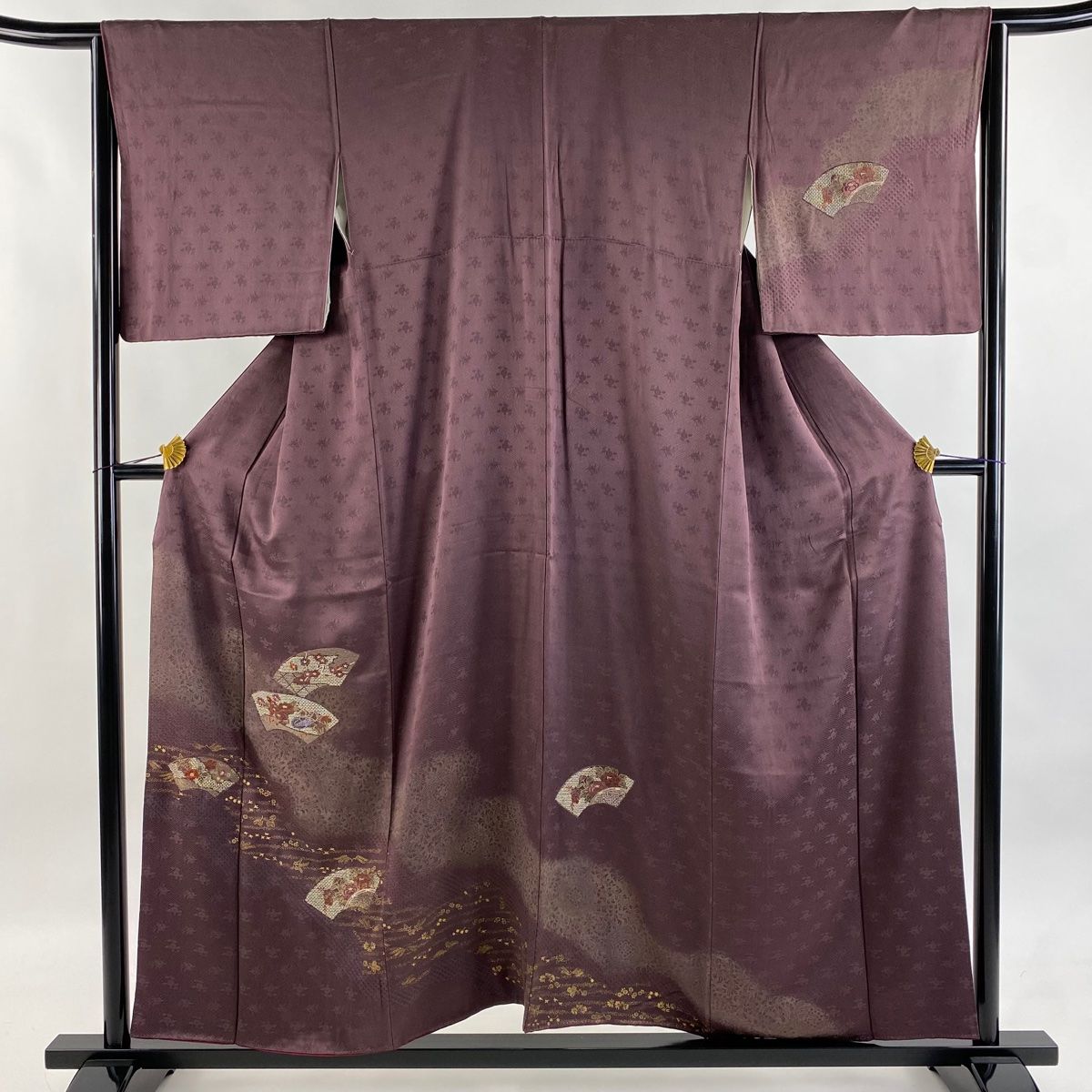 付下げ 身丈155.5cm 裄丈65cm M 袷 扇面 花鳥 刺繍 金彩 赤紫 正絹 秀品