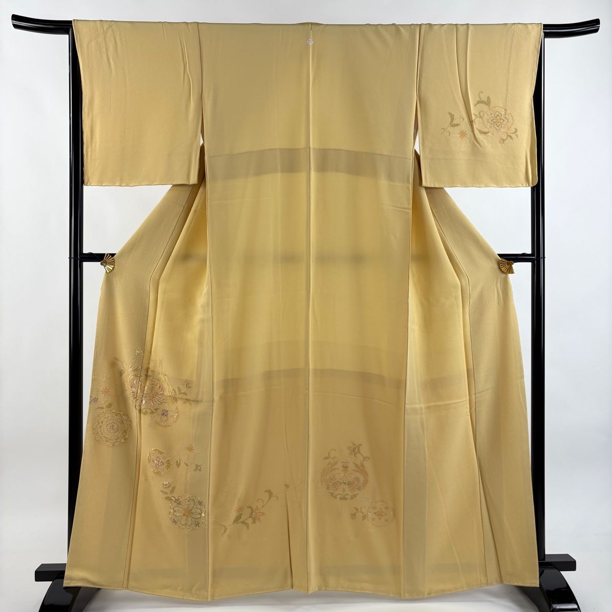 付下げ 身丈162cm 裄丈65.5cm M 袷 ますいわ屋 向かい鳥 華文 刺繍 黄色 正絹 秀品 一つ紋