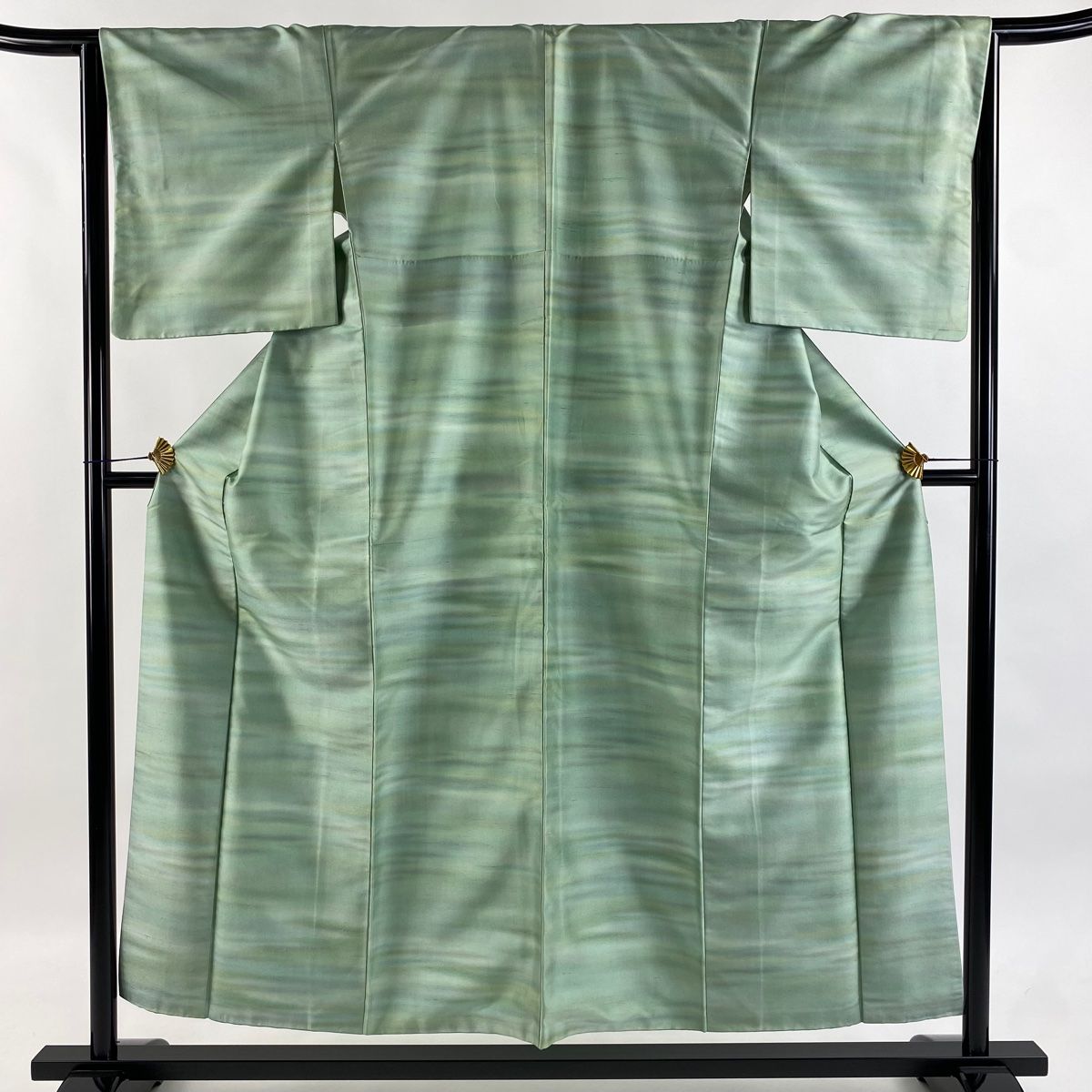 小紋 身丈154cm 裄丈65cm M 袷 紬地 霞 ぼかし 薄緑 正絹 秀品