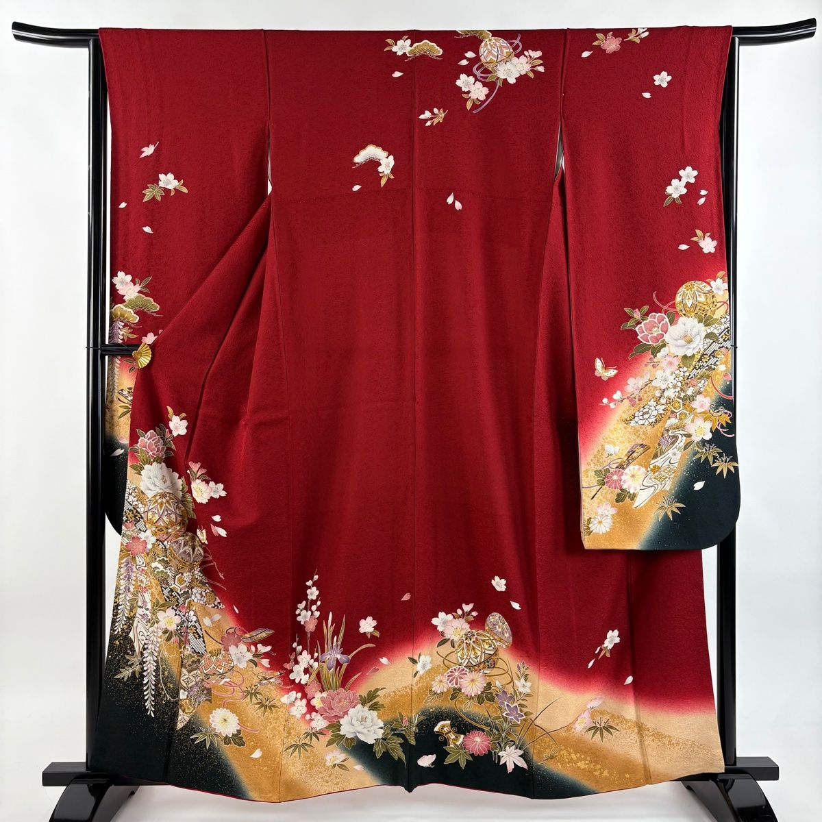 振袖 身丈160cm 裄丈64cm M 袷 手鞠 蝶 金糸 金彩 えんじ色 正絹 秀品