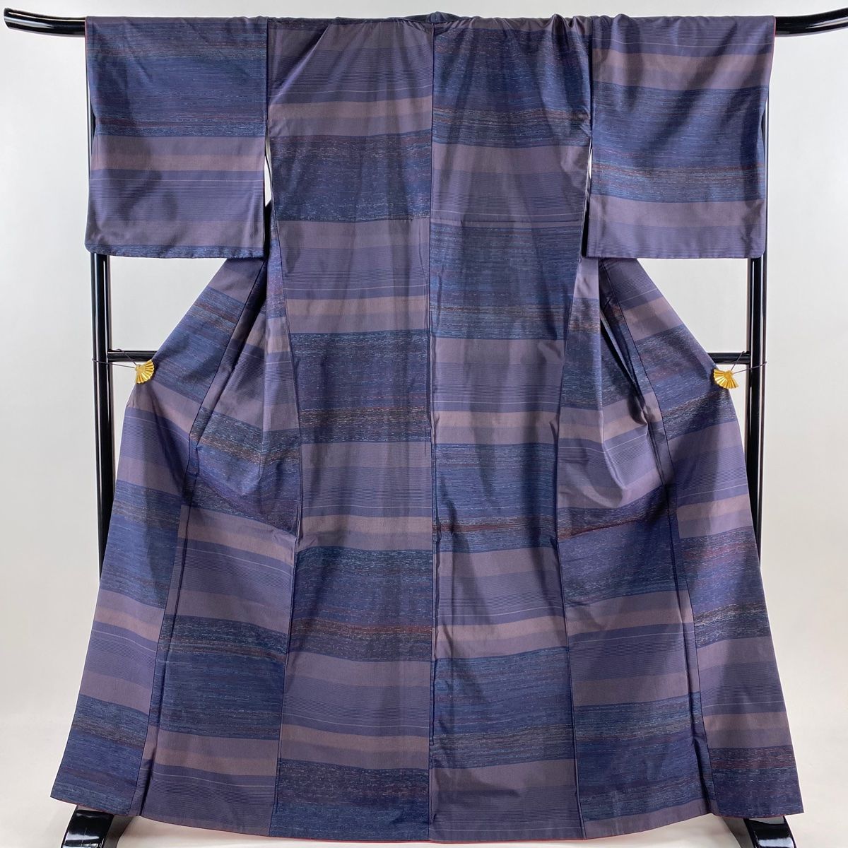 紬 身丈167cm 裄丈69.5cm L 袷 段縞 市松 紫 正絹 秀品