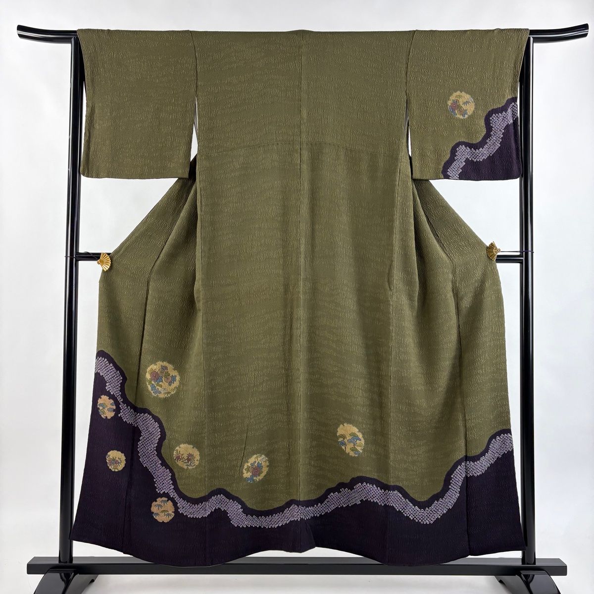 付下げ 身丈154cm 裄丈64cm M 袷 雪輪 草花 鶯色 正絹 秀品