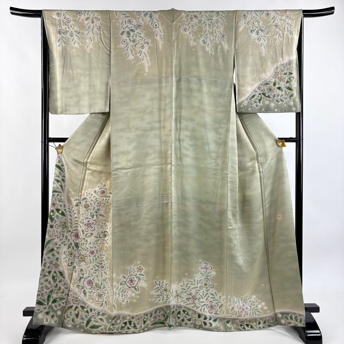 訪問着 身丈167cm 裄丈65cm M 袷 落款 辻が花柄 絞り ぼかし 灰緑 正絹 秀品