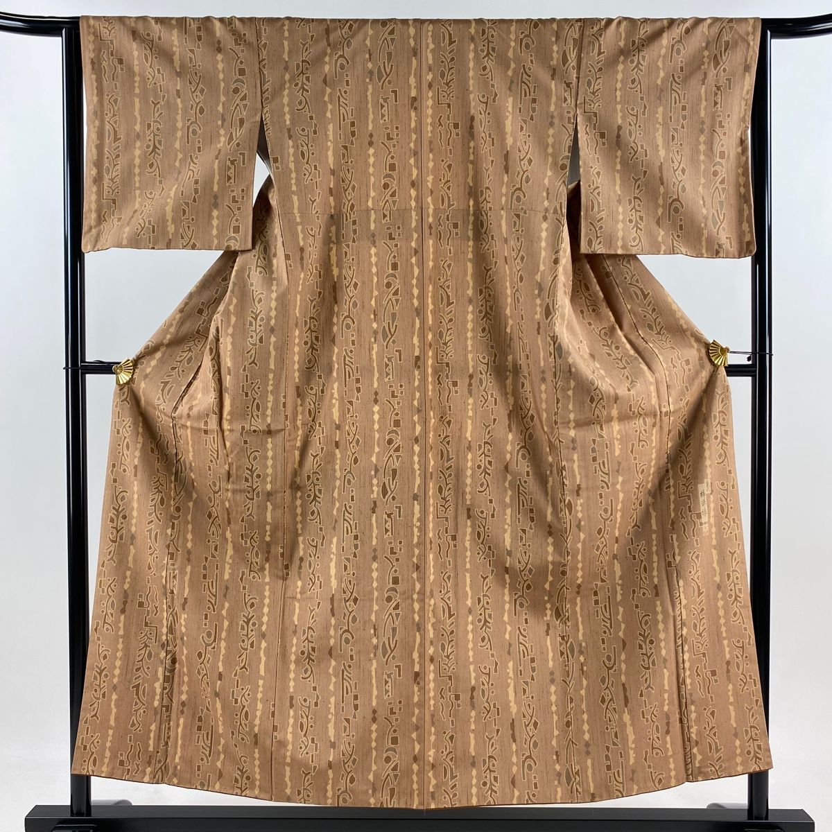 小紋 身丈154cm 裄丈64cm M 袷 紬地 柿渋染 落款 縞 幾何学 茶色 正絹 秀品