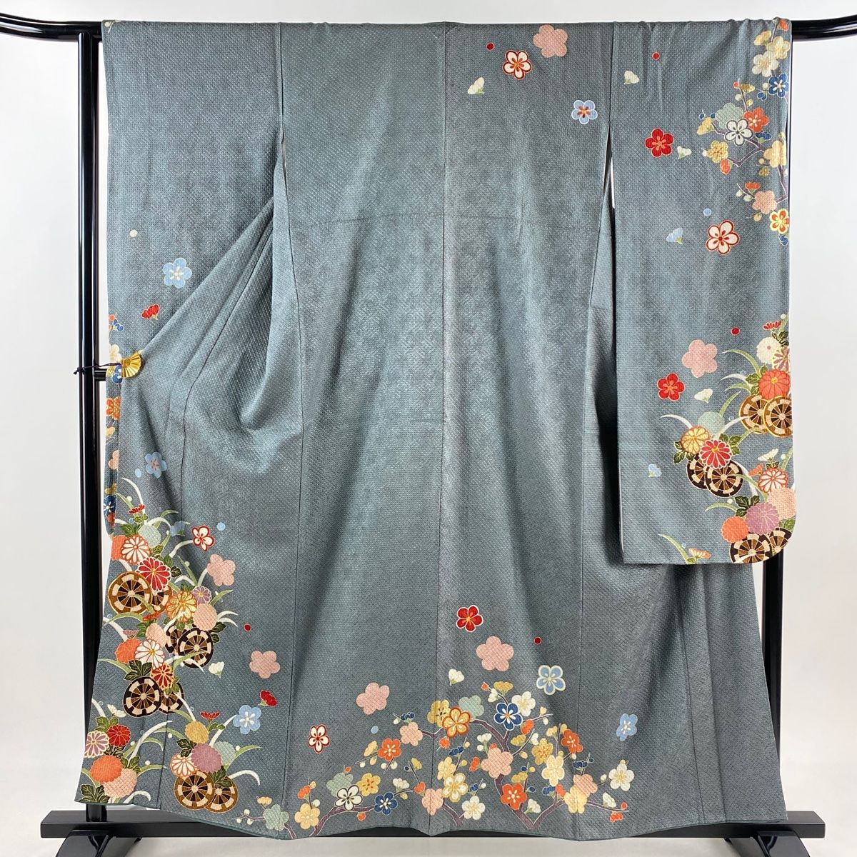 振袖 身丈158.5 cm 裄丈65.5 M 袷 花車 草花 金糸 金彩 灰緑 正絹 秀品