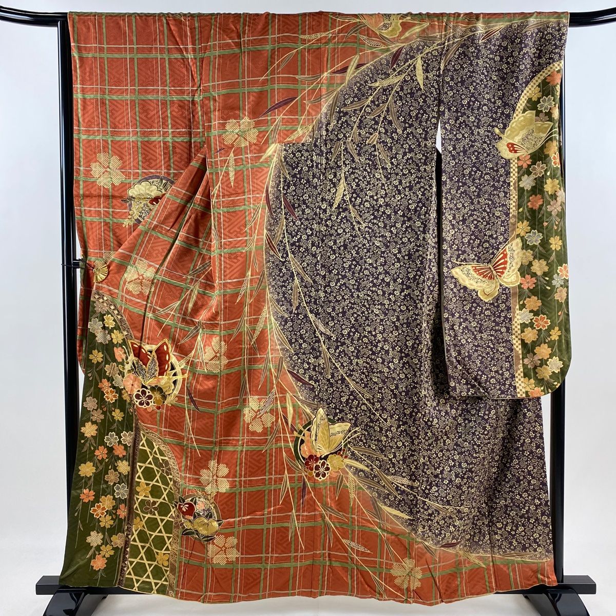 振袖 身丈159cm 裄丈67cm M 袷 蝶 格子 金糸 金彩 赤茶 正絹 秀品