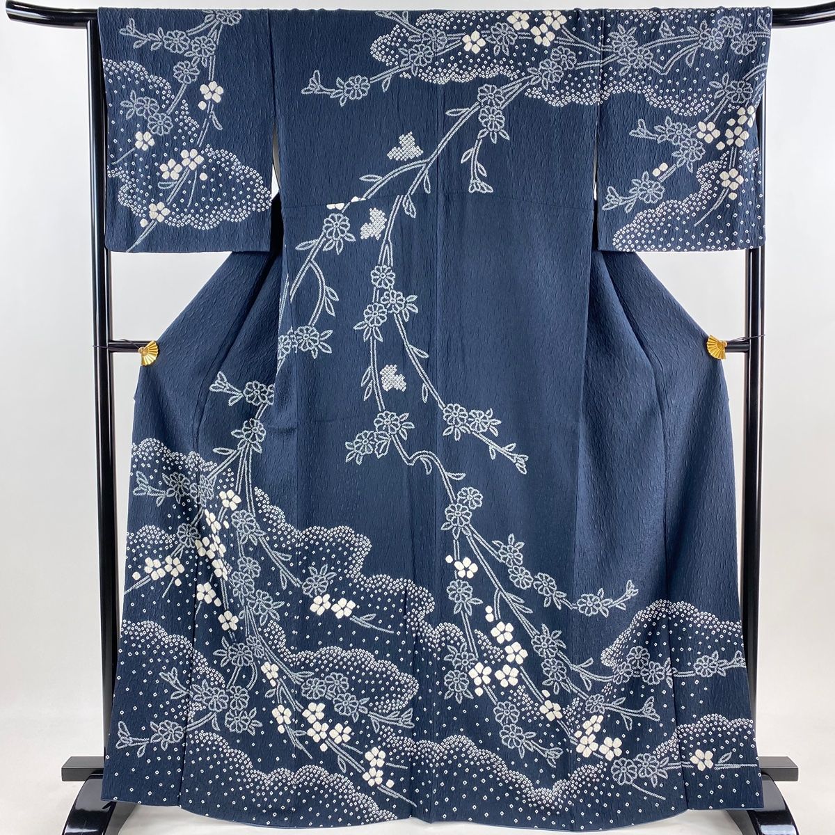 訪問着 身丈167cm 裄丈69.5cm L 袷 草花 雲文 絞り 紺色 正絹 秀品