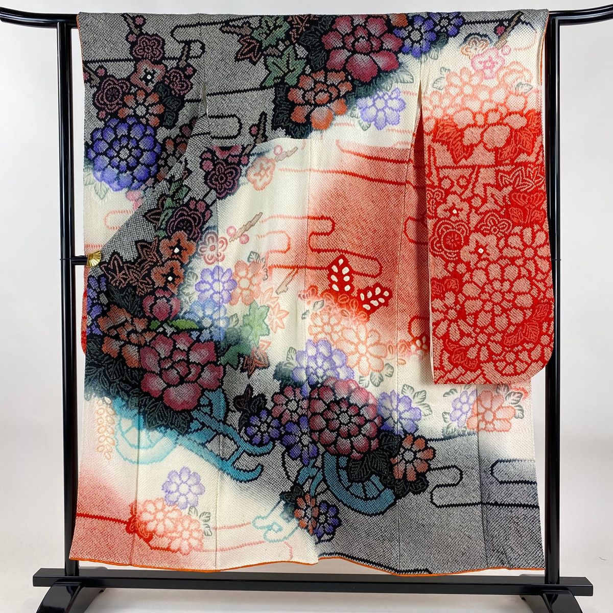 振袖 身丈151.5cm 裄丈61cm S 袷 花車 総絞り 黒灰 正絹