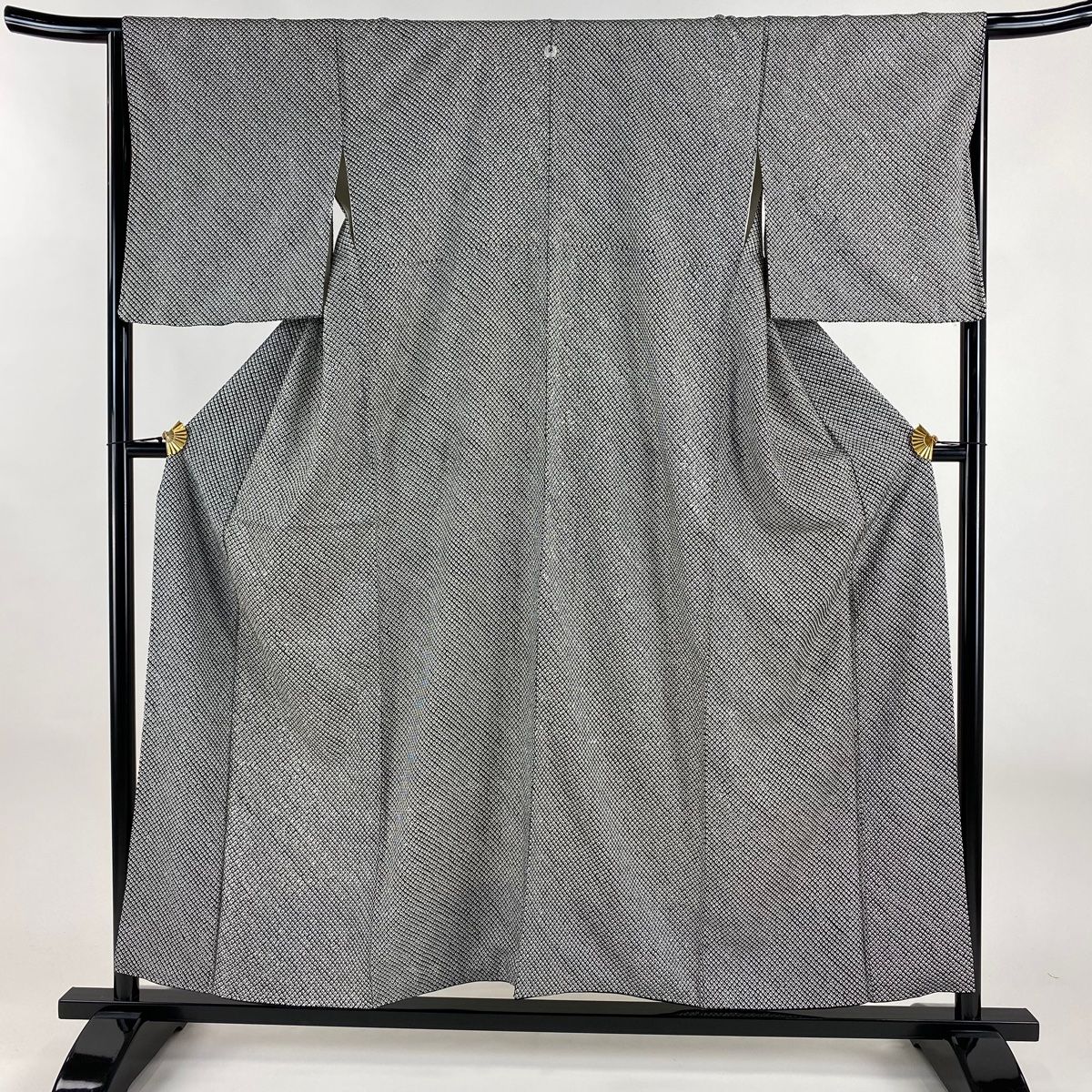 小紋 身丈155cm 裄丈65cm M 袷 総絞り 黒灰 正絹 一つ紋