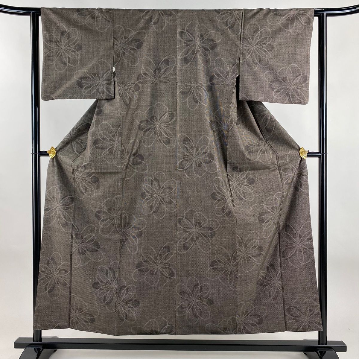 大島紬 身丈155.5cm 裄丈61.5cm S 袷 純泥染 鈴乃屋 証紙 花 焦茶色 正絹