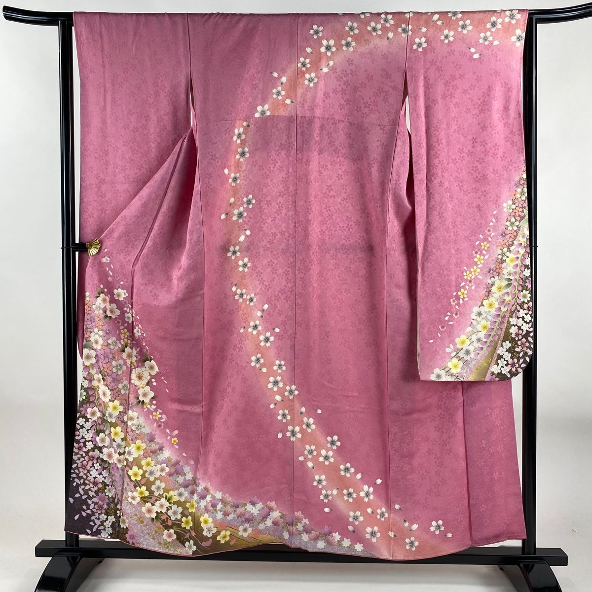 振袖 身丈156cm 裄丈64cm M 袷 桜 草花 銀通し 箔 ピンク 正絹