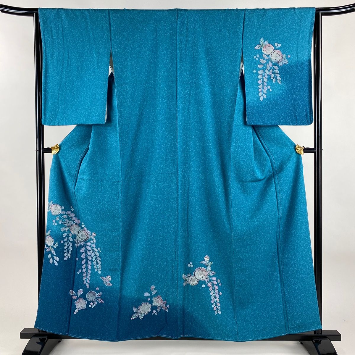 付下げ 身丈158cm 裄丈63.5cm S 袷 草花 ぼかし 青緑 正絹