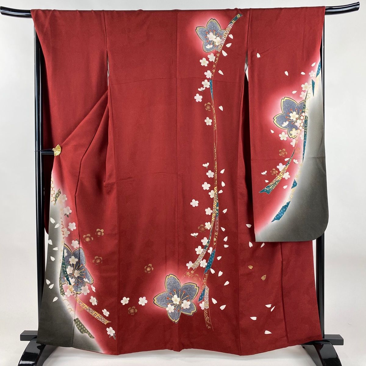 振袖 身丈161cm 裄丈67.5cm L 袷 桜 蔓帯 金彩 金通し えんじ色 正絹