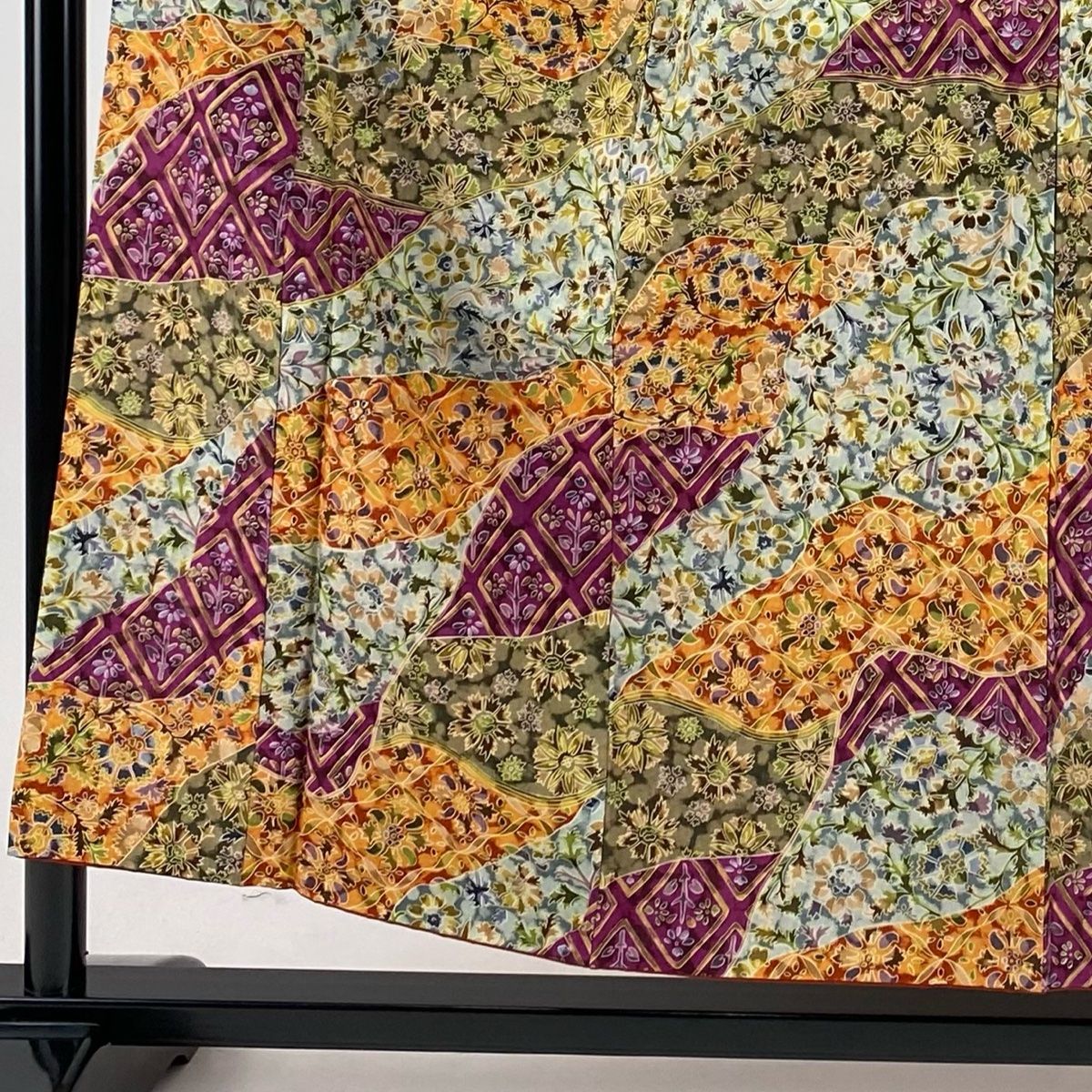 小紋 身丈153.5cm 裄丈62.5cm S 袷 草花 菱 オレンジ 正絹