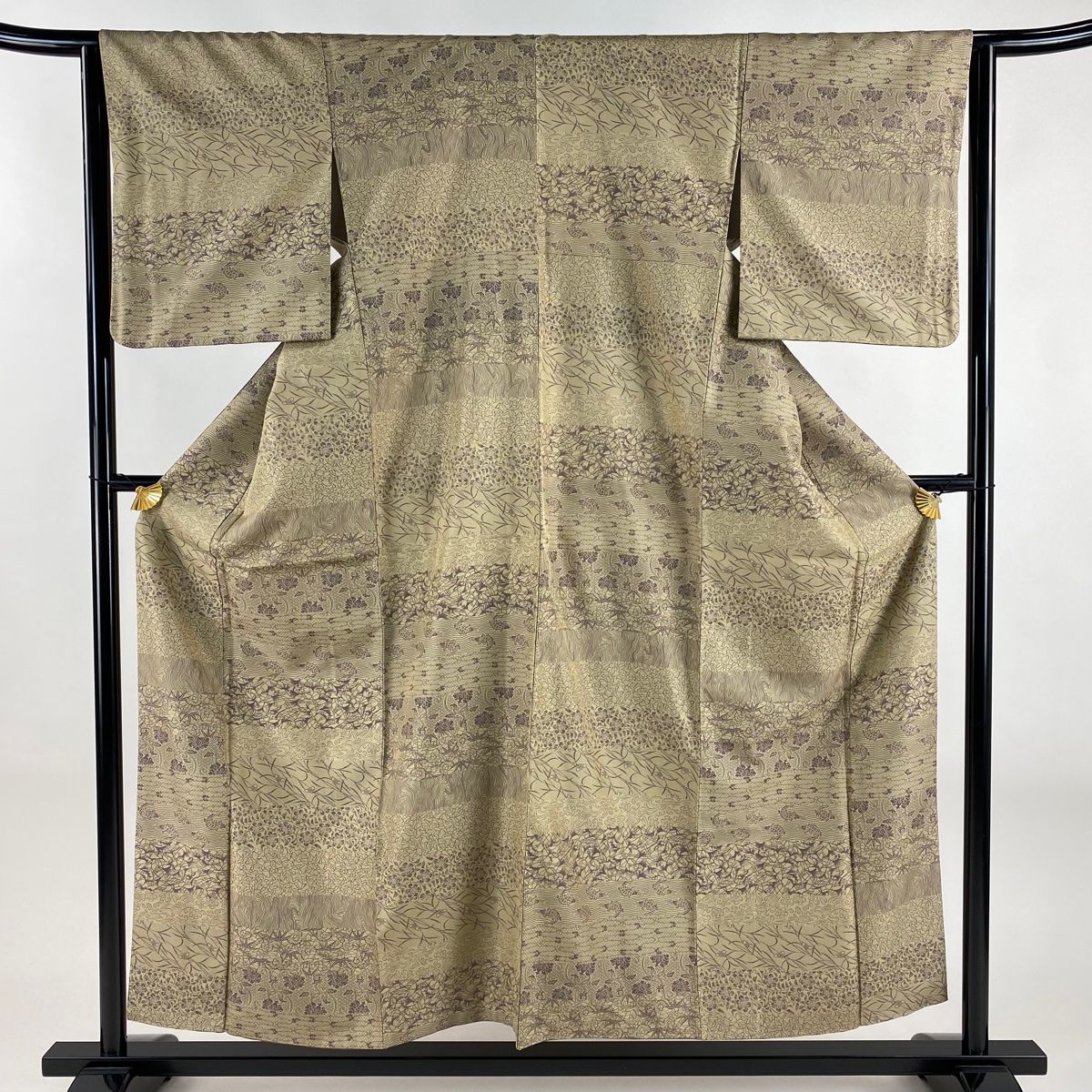 お召 身丈155cm 裄丈63cm S 袷 段縞 花唐草 山吹茶色 正絹