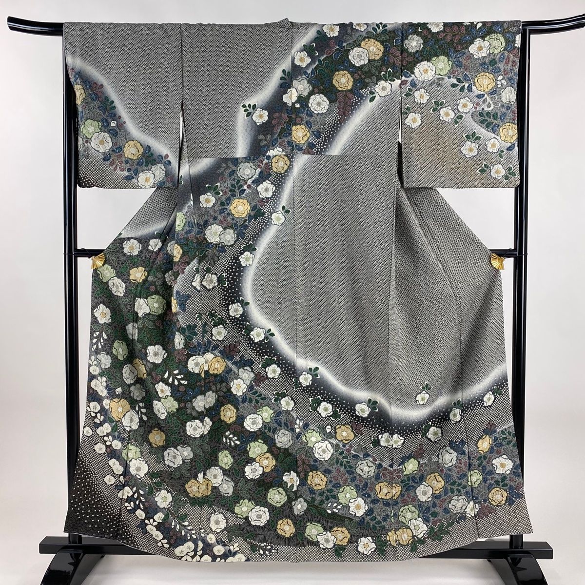 訪問着 身丈159.5cm 裄丈66cm M 袷 辻が花柄 金通し 絞り 黒灰 正絹