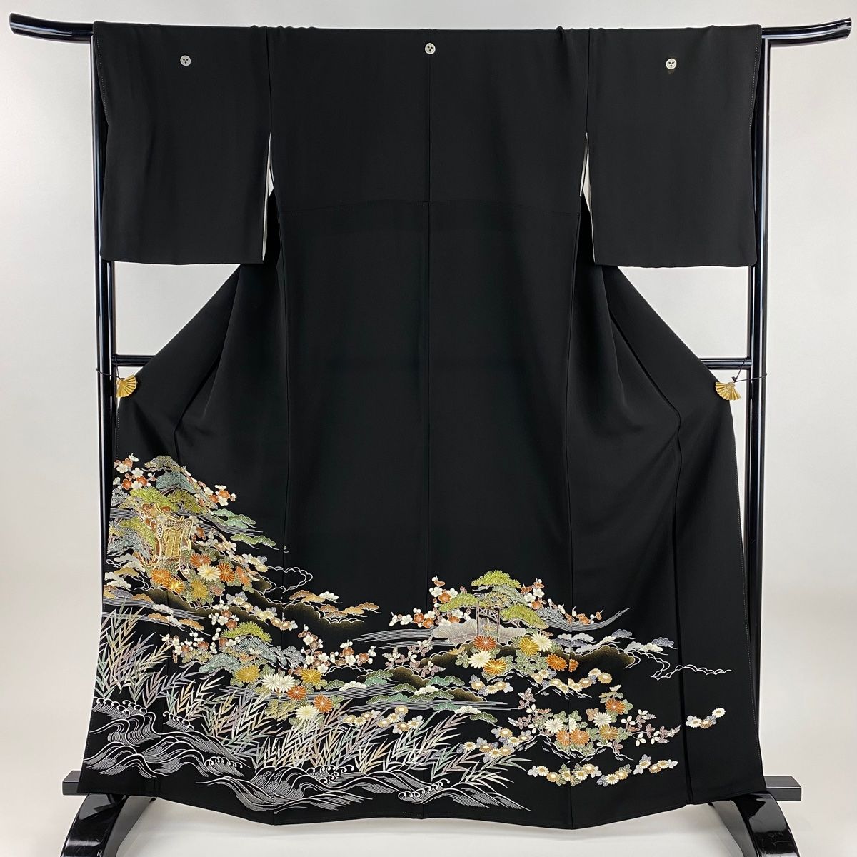 黒留袖 身丈163.5cm 裄丈66.5cm M 袷 千總 落款 御所車 松竹梅 黒 正絹