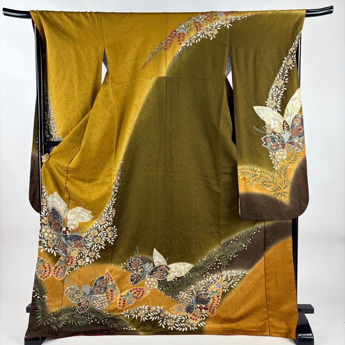 振袖 身丈173cm 裄丈69cm L 袷 蝶 うさぎ 金通し 絞り 黄土色 正絹
