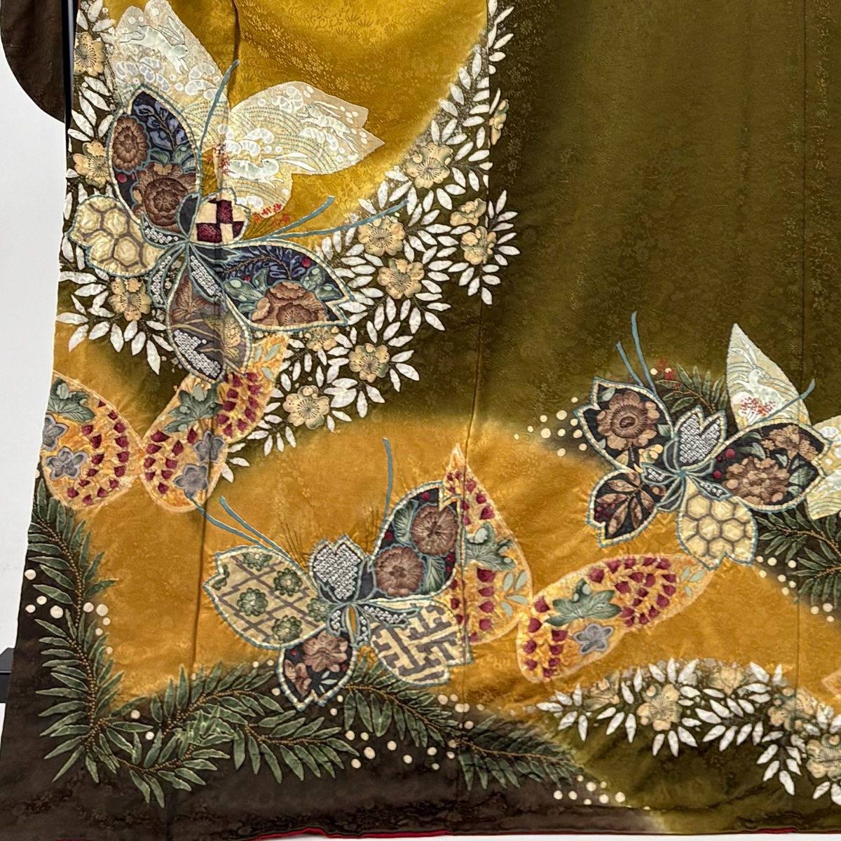 振袖 身丈173cm 裄丈69cm L 袷 蝶 うさぎ 金通し 絞り 黄土色 正絹