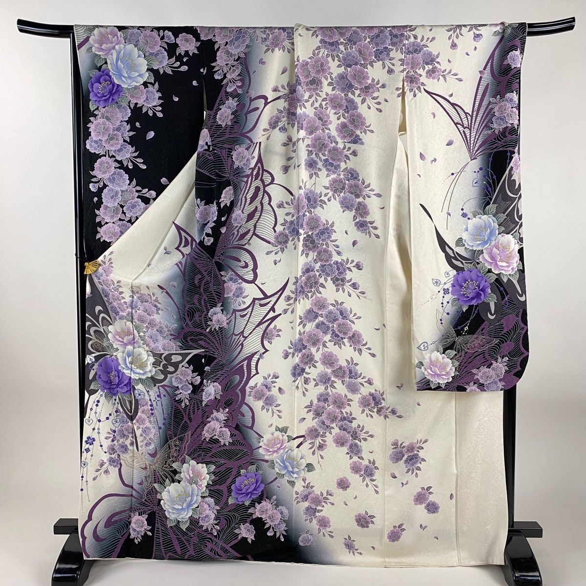 振袖 身丈170.5cm 裄丈71cm L 袷 蝶 牡丹 銀通し 刺繍 白 正絹