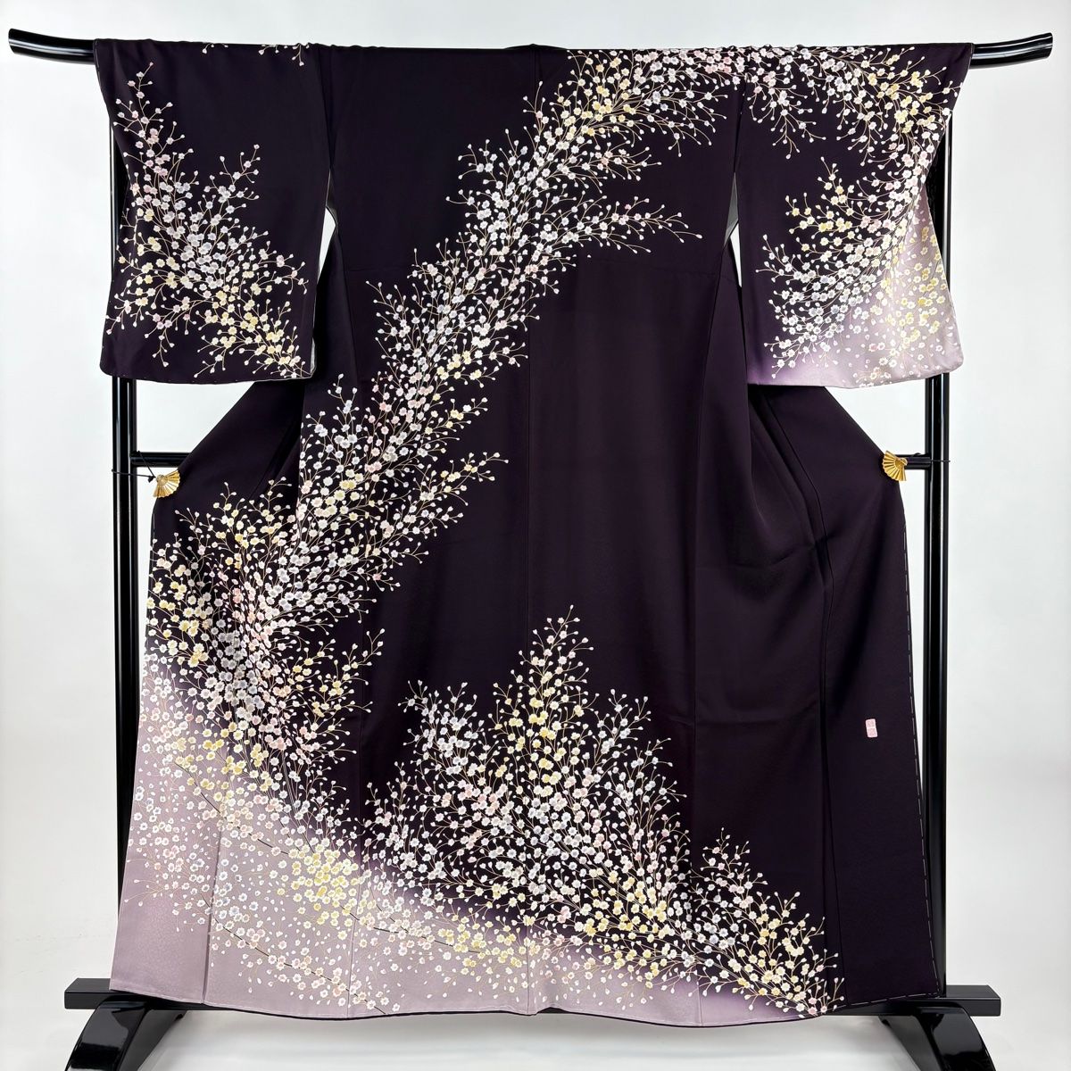 訪問着 身丈159cm 裄丈70cm L 袷 落款 草花 金糸 ぼかし 濃紫 正絹