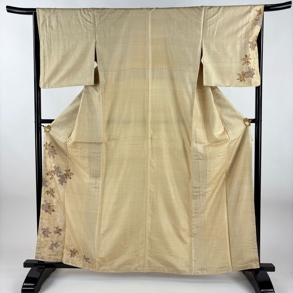 付下げ 身丈162.5cm 裄丈66cm M 袷 楓 花 金彩 ベージュ 正絹