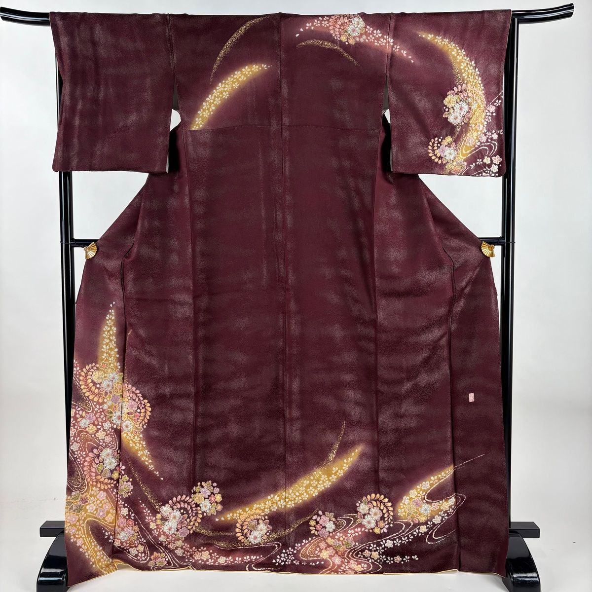 訪問着 身丈172.5cm 裄丈66cm M 袷 徳永憲峯 落款 辻が花 流水 銀通し 金彩 茶紫 正絹