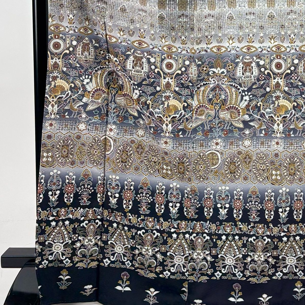 訪問着 身丈171cm 裄丈64cm M 袷 向かい鳥 草花 金糸 刺繍 紺色 正絹