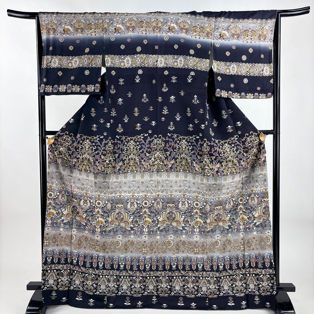 訪問着 身丈171cm 裄丈64cm M 袷 向かい鳥 草花 金糸 刺繍 紺色 正絹