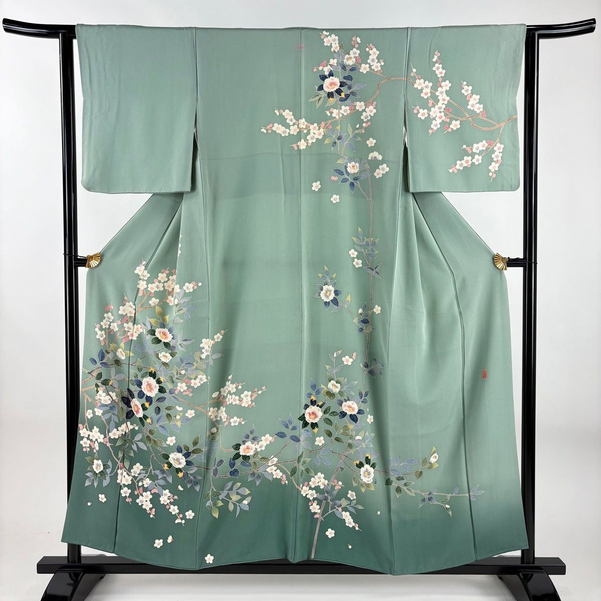 訪問着 身丈154.5cm 裄丈63cm S 袷 森田耕三 加賀友禅 落款 椿 梅 染め分け ぼかし 灰緑 正絹 一つ紋