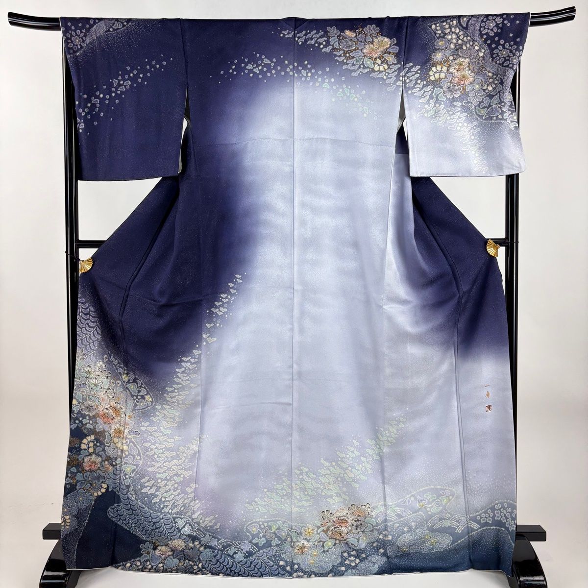 訪問着 身丈170cm 裄丈69cm L 袷 吉乃一廉 落款 辻が花 銀通し 金彩 青紫 正絹