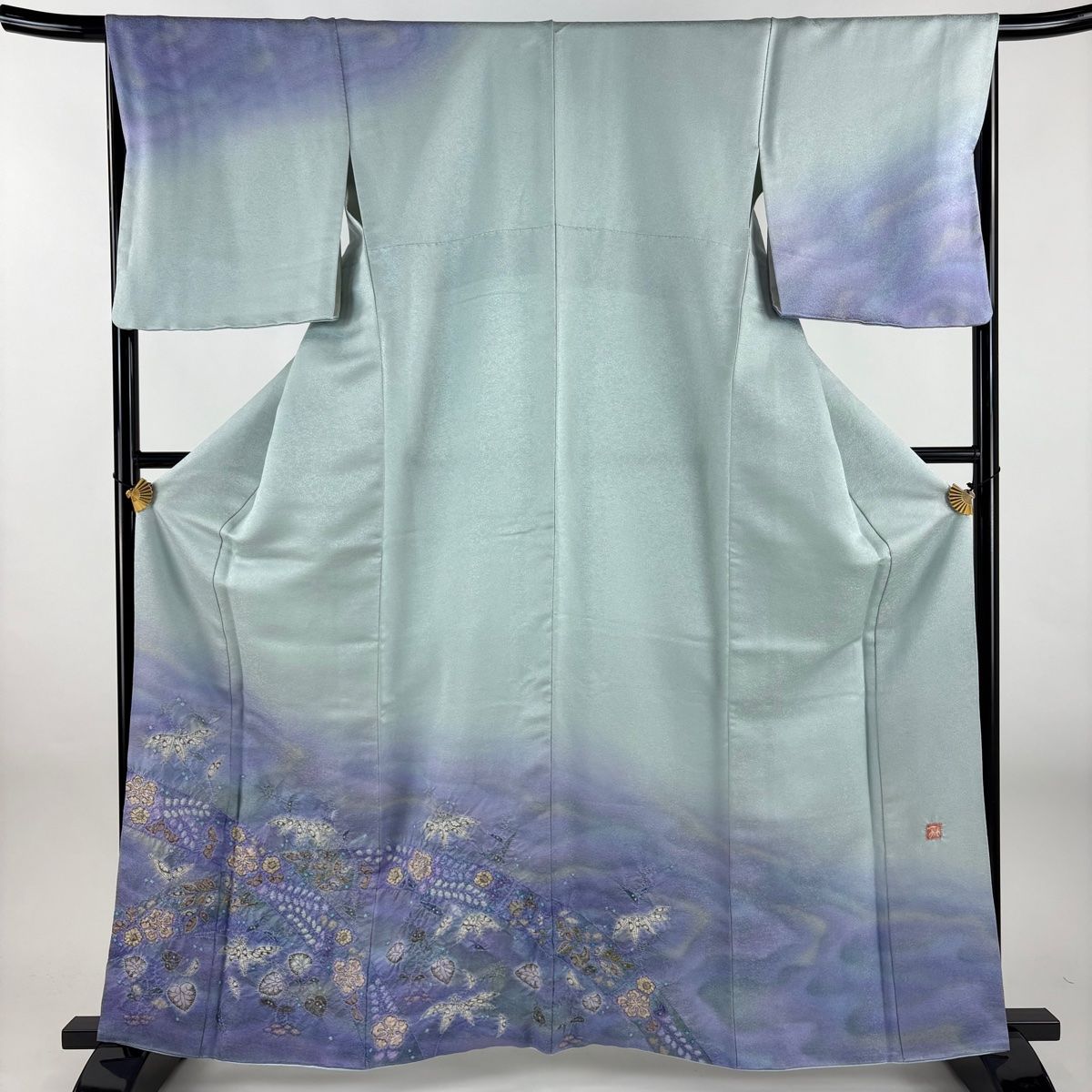 付下げ 身丈162cm 裄丈66cm M 袷 二代目 久保田一竹 落款 辻が花 笹 金通し ぼかし 水色 正絹