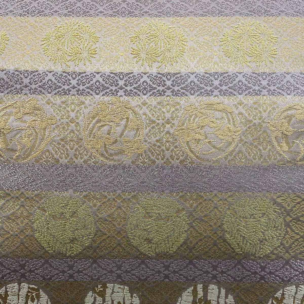 袋帯 箔屋清兵衛 落款 西陣織 花丸文 縞 箔 薄紫 お太鼓柄 正絹