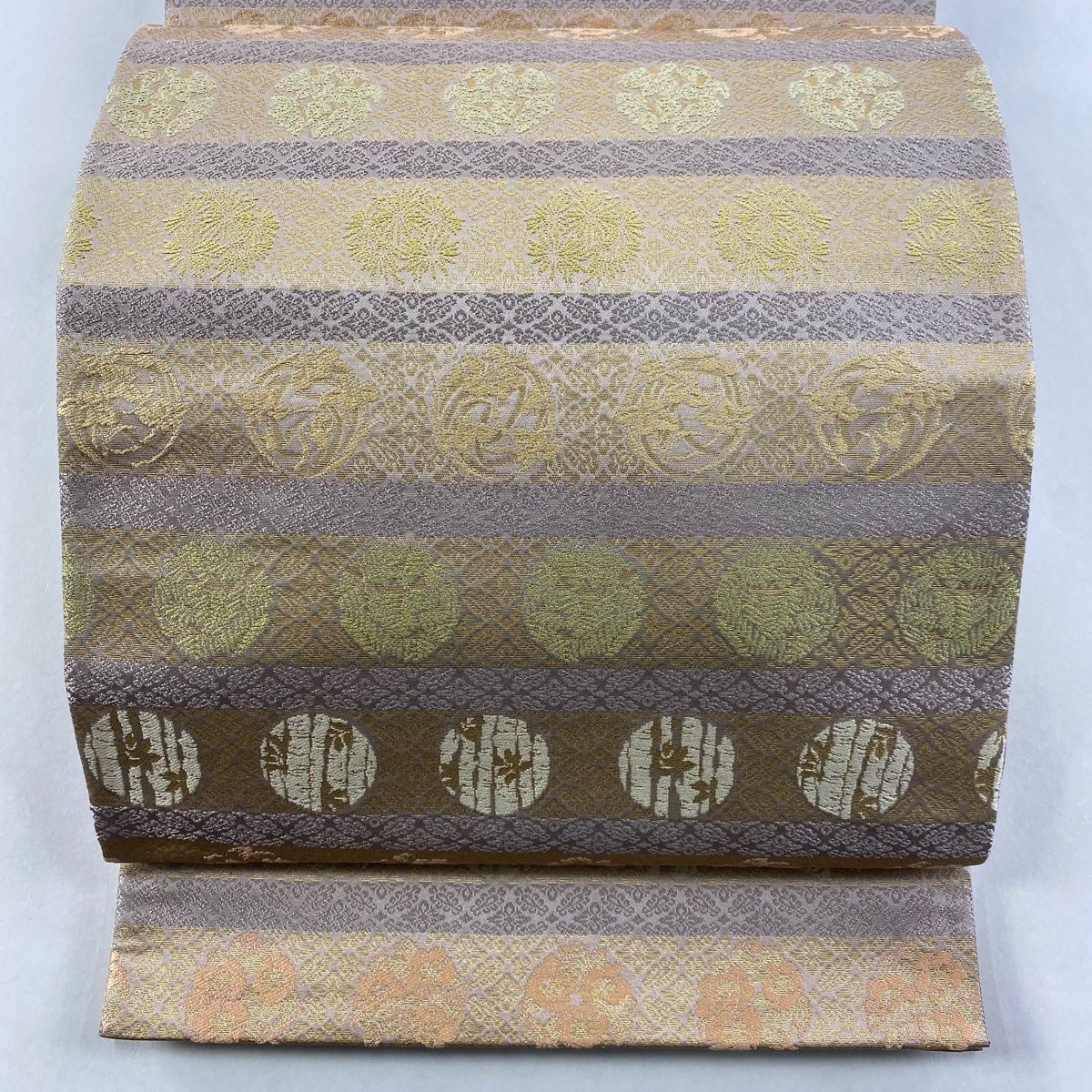 7344円から値引き中 ◇ 着物 名品 袋帯 薄紫 お太鼓柄 花菱 金糸 刺繍 金通し 垣根 正絹 袋帯 逸品 夏帯 絽 シャチ 魚 ぼかし 青紫 お太鼓柄 正絹