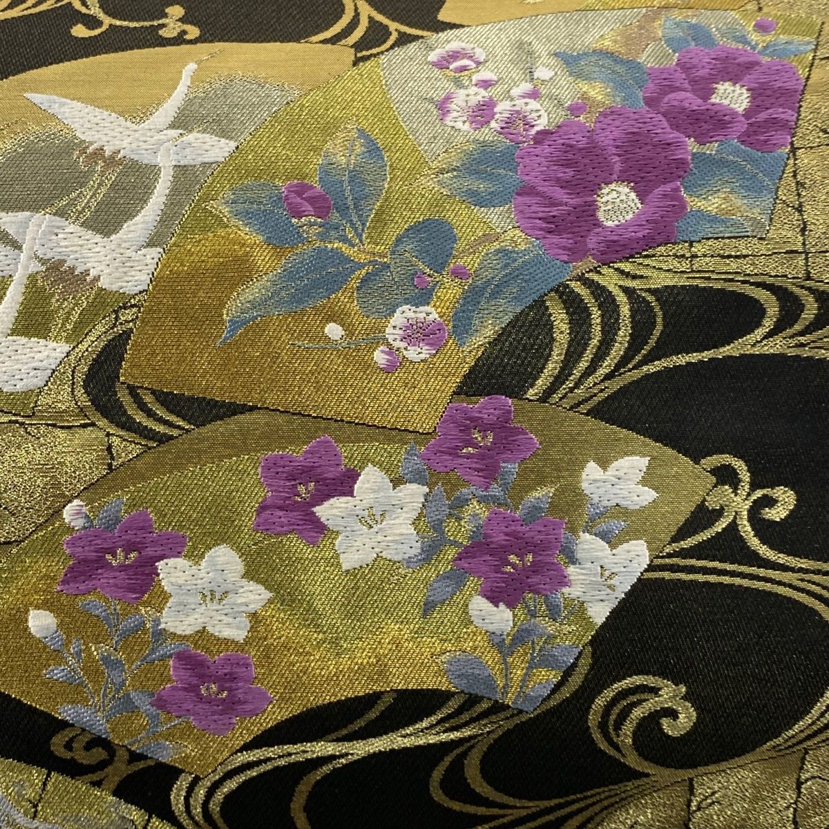 袋帯 落款 聚楽 じゅらく帝王紫 扇面 花鳥 唐織 箔 黒 六通 正絹