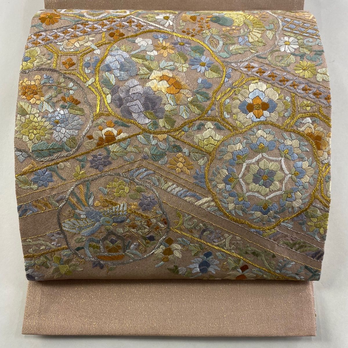 袋帯 華文 花鳥 刺繍 金銀糸 ピンクベージュ お太鼓柄 正絹
