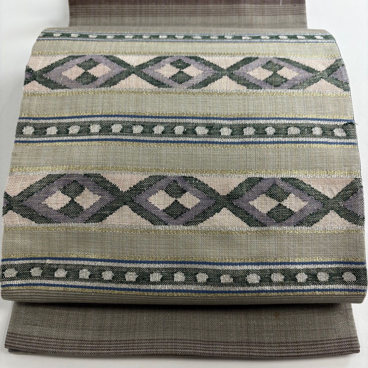 袋帯 縞 幾何学模様 金銀糸 鶯色 お太鼓柄 正絹