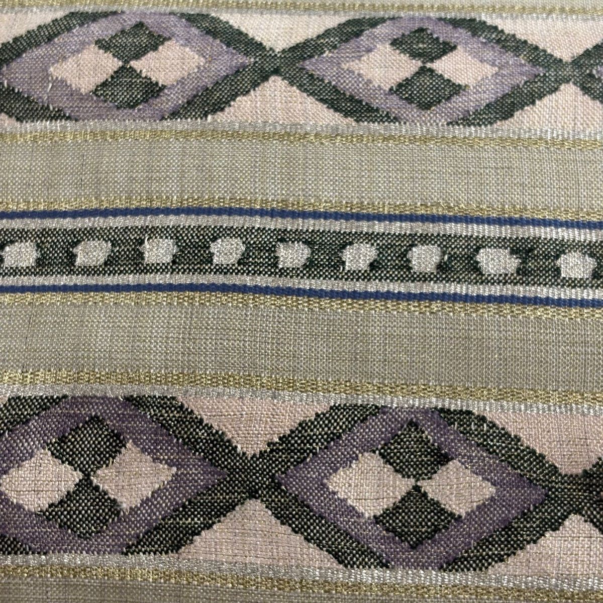 袋帯 縞 幾何学模様 金銀糸 鶯色 お太鼓柄 正絹