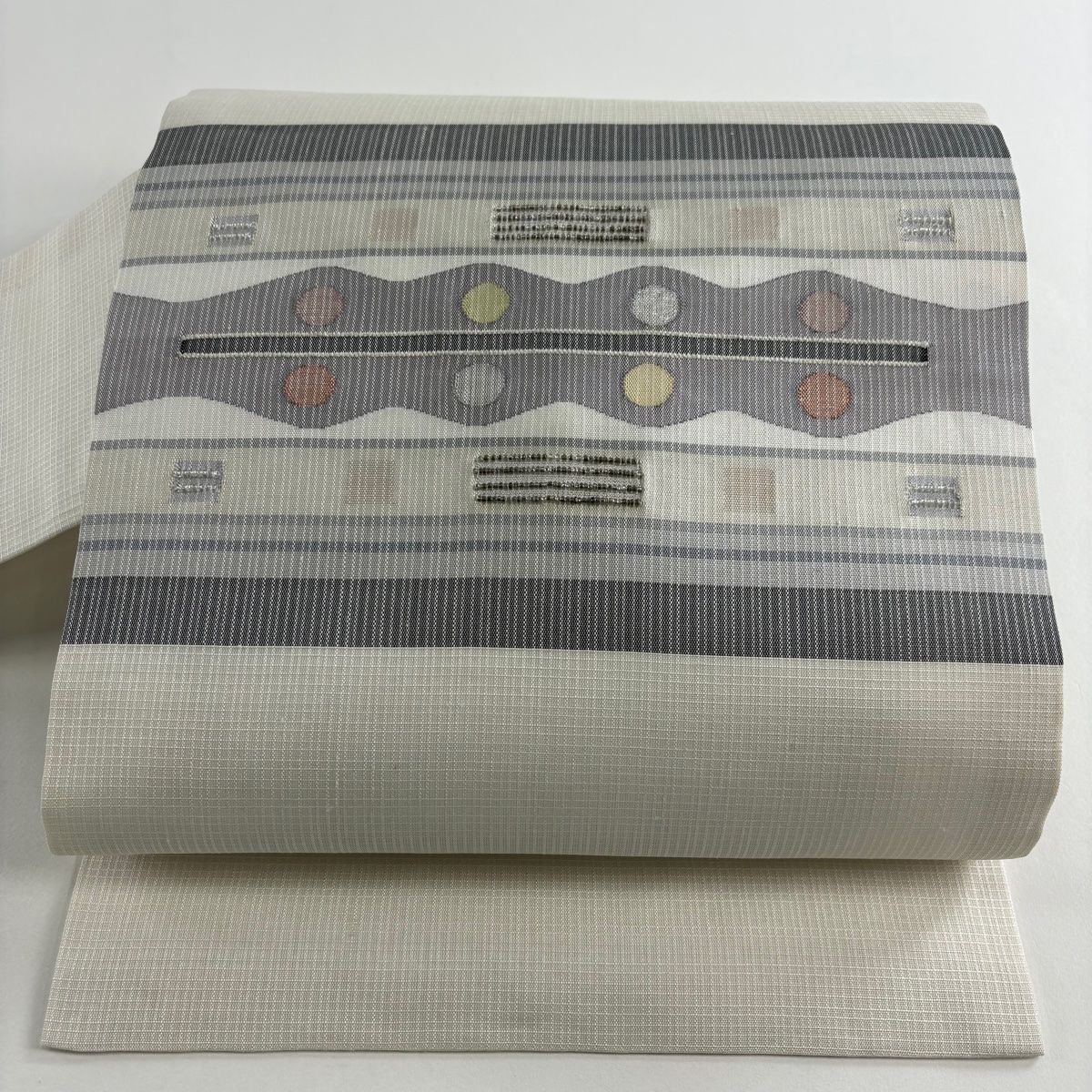 名古屋帯 縞 幾何学模様 銀糸 白 正絹