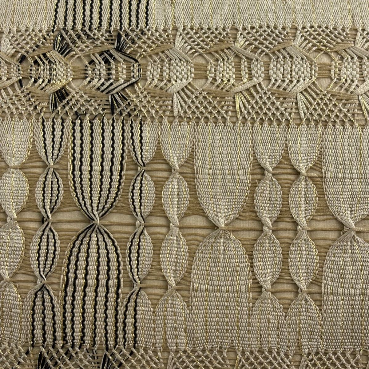 袋帯 幾何学模様 金糸 ベージュ 全通 正絹