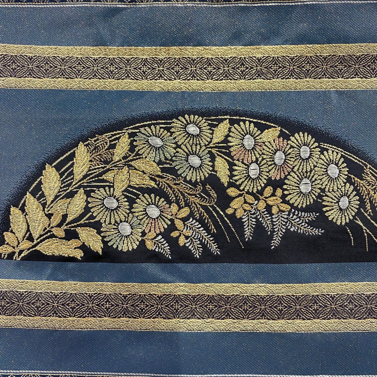 袋帯 秀品 段割付に菊 金銀糸 箔 深緑 六通 正絹