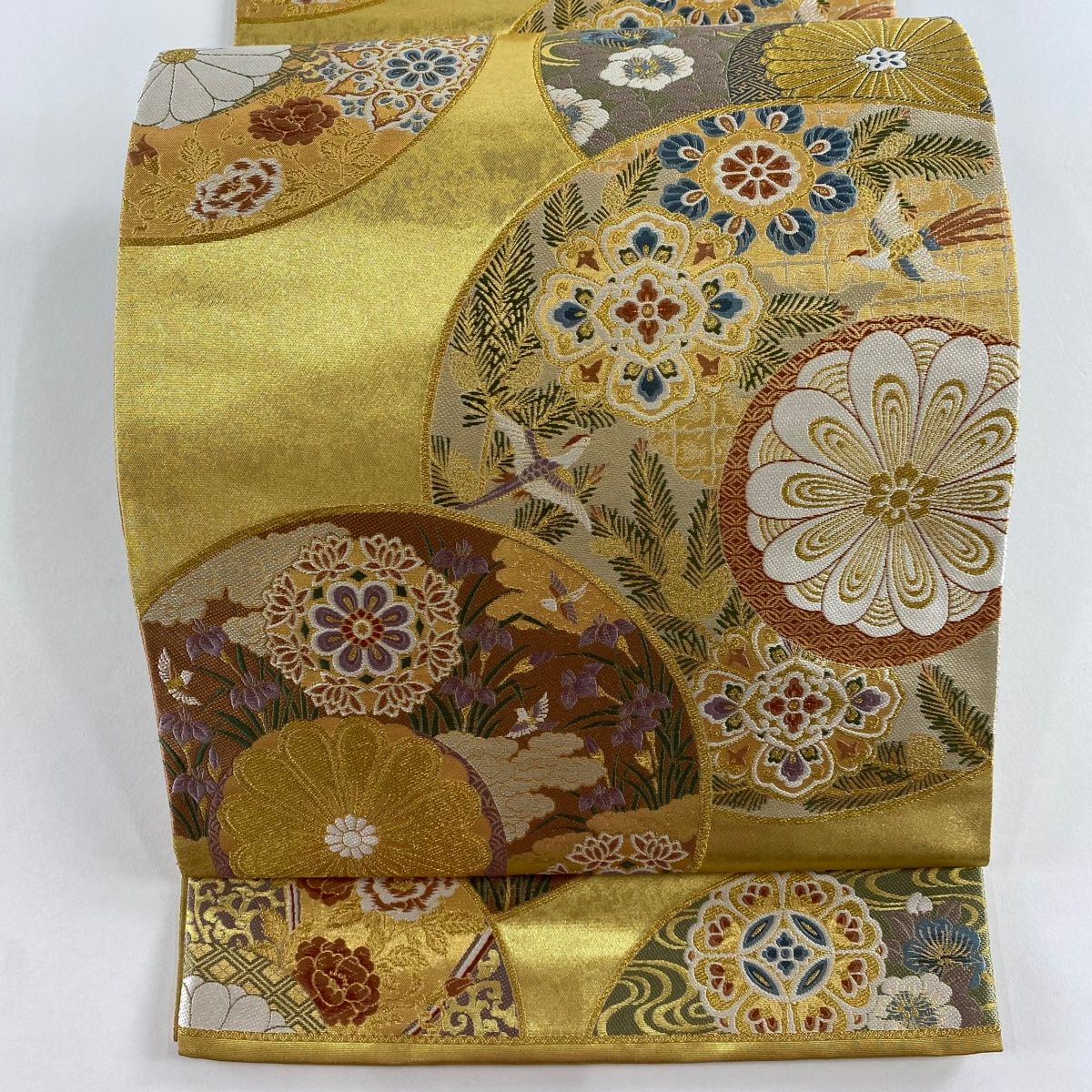 袋帯 秀品 関西仕立て 花鳥 丸文 箔 金糸 金色 六通 正絹