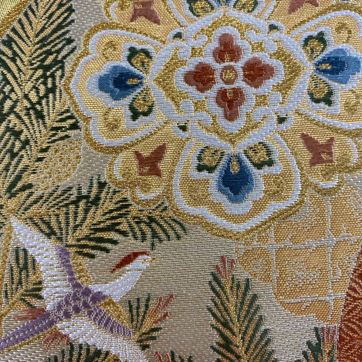 袋帯 秀品 関西仕立て 花鳥 丸文 箔 金糸 金色 六通 正絹