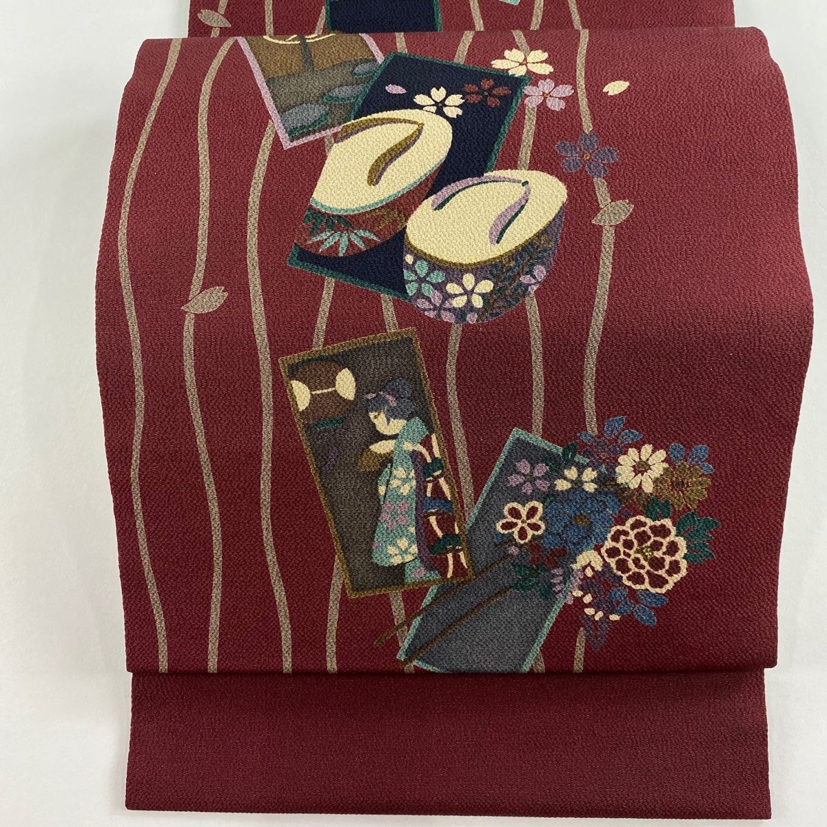 名古屋帯 秀品 八寸名古屋帯 松葉仕立て 短冊 ぽっくり 縮緬 赤紫 正絹