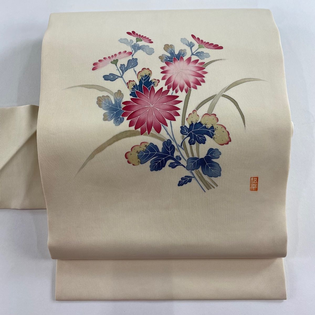 名古屋帯 秀品 落款 菊 クリーム 正絹